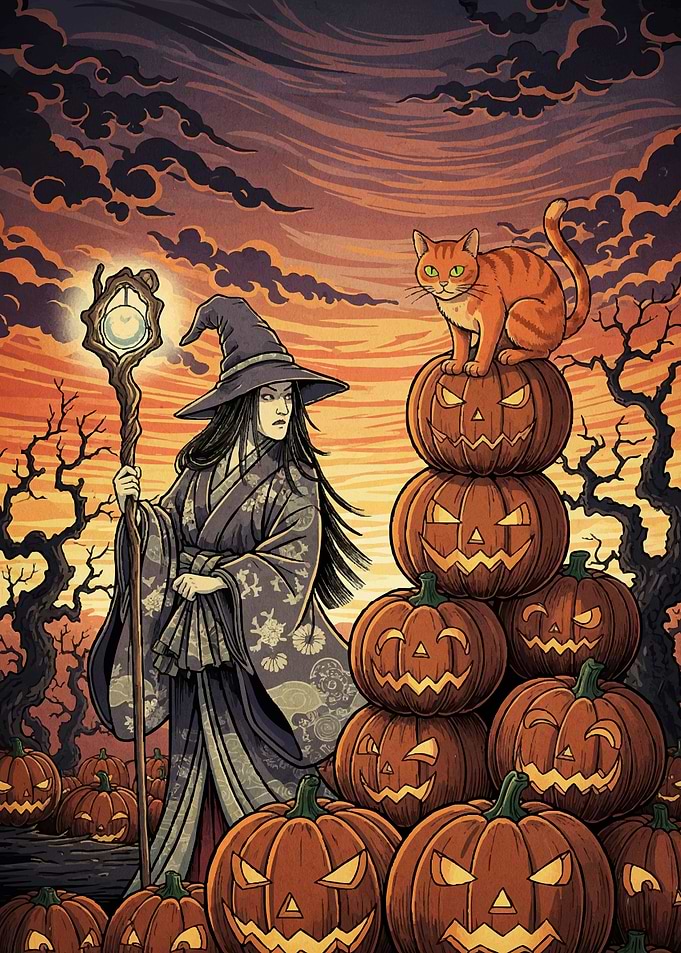 Witch Cat Pumpkins Halloween