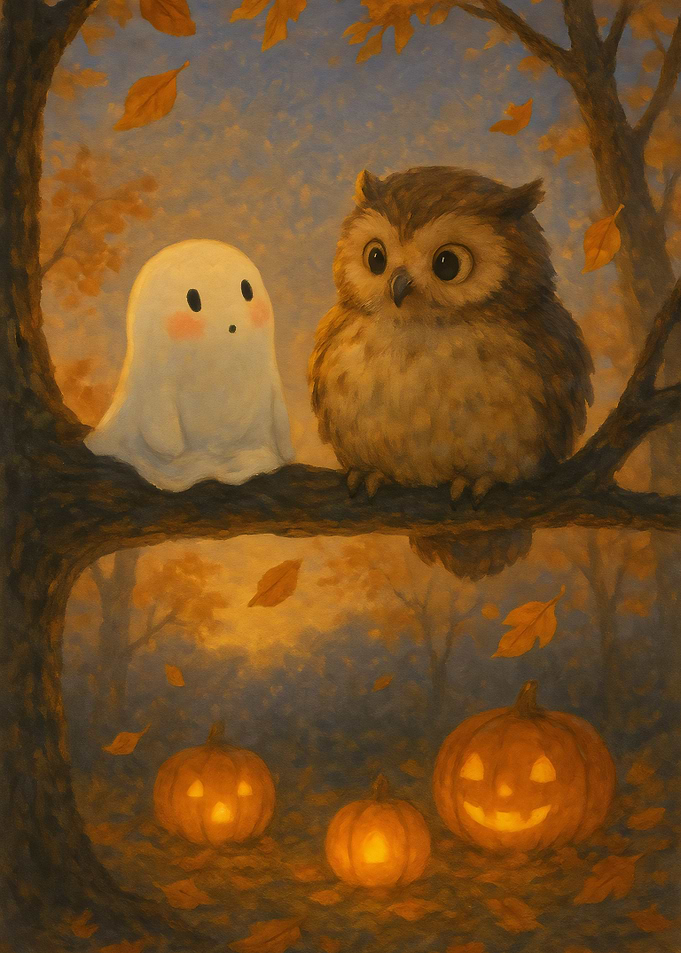 Cute Halloween Owl and Ghost