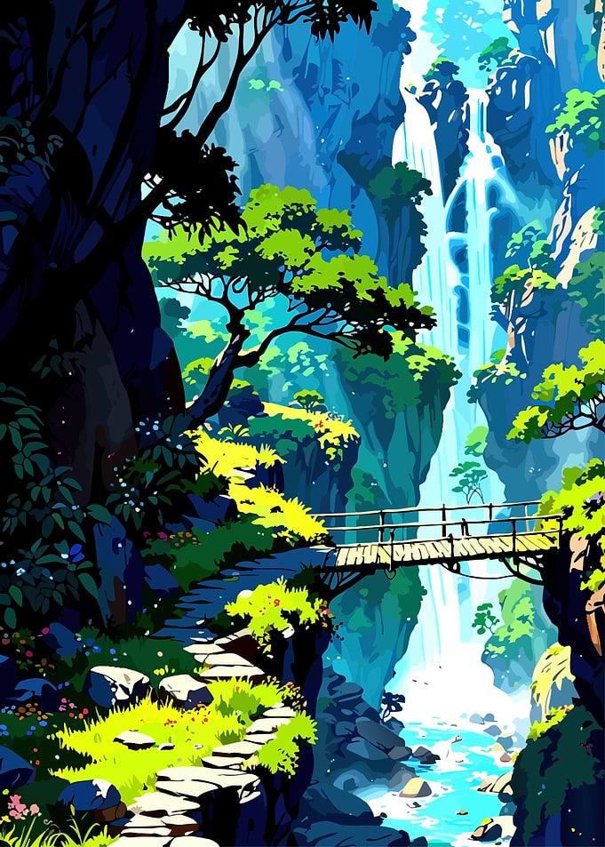 Waterfall Landscape with Bridge and Path