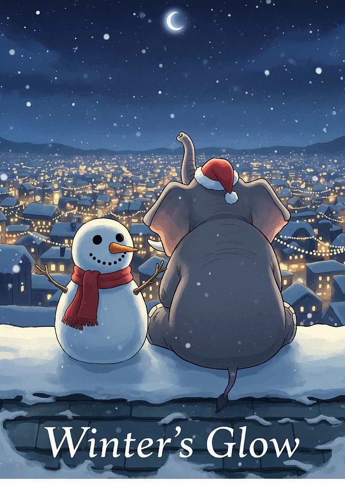 Elephant and Snowman Winter Night Scene