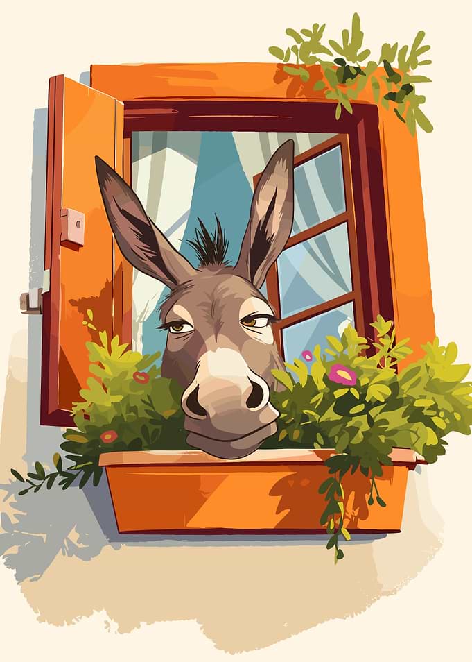Donkey in Window with Flowers