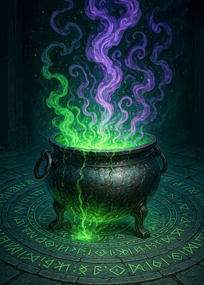 Cauldron with green and purple smoke