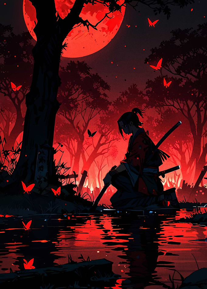 Red Moon Samurai in Forest