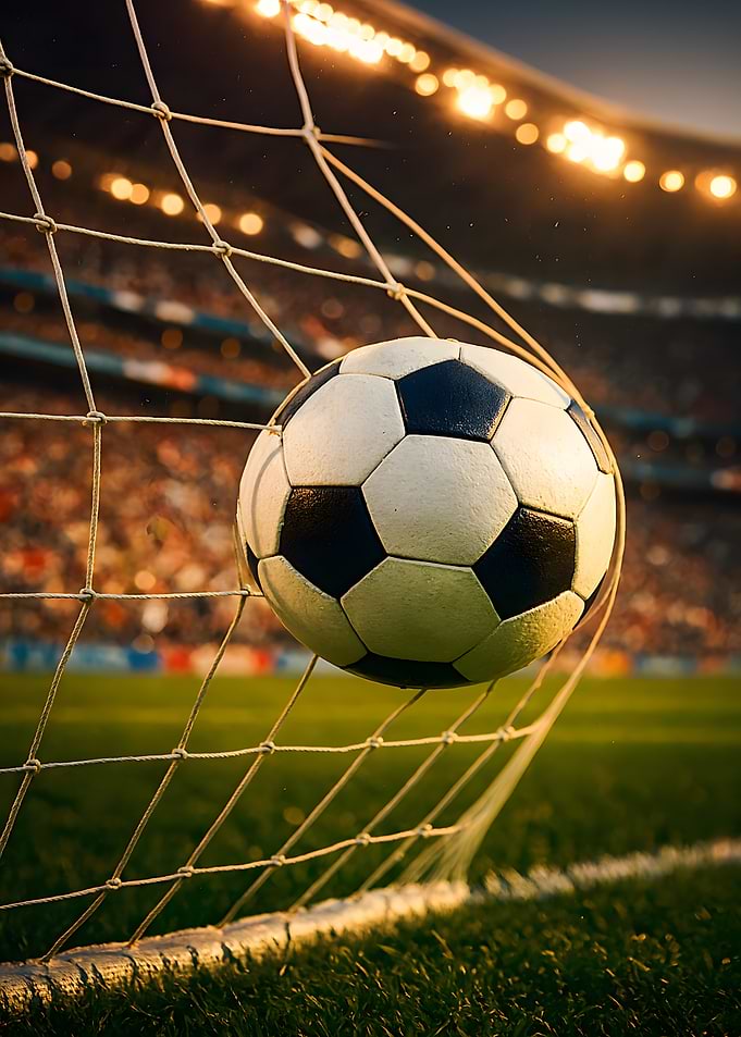 Soccer ball in net at stadium