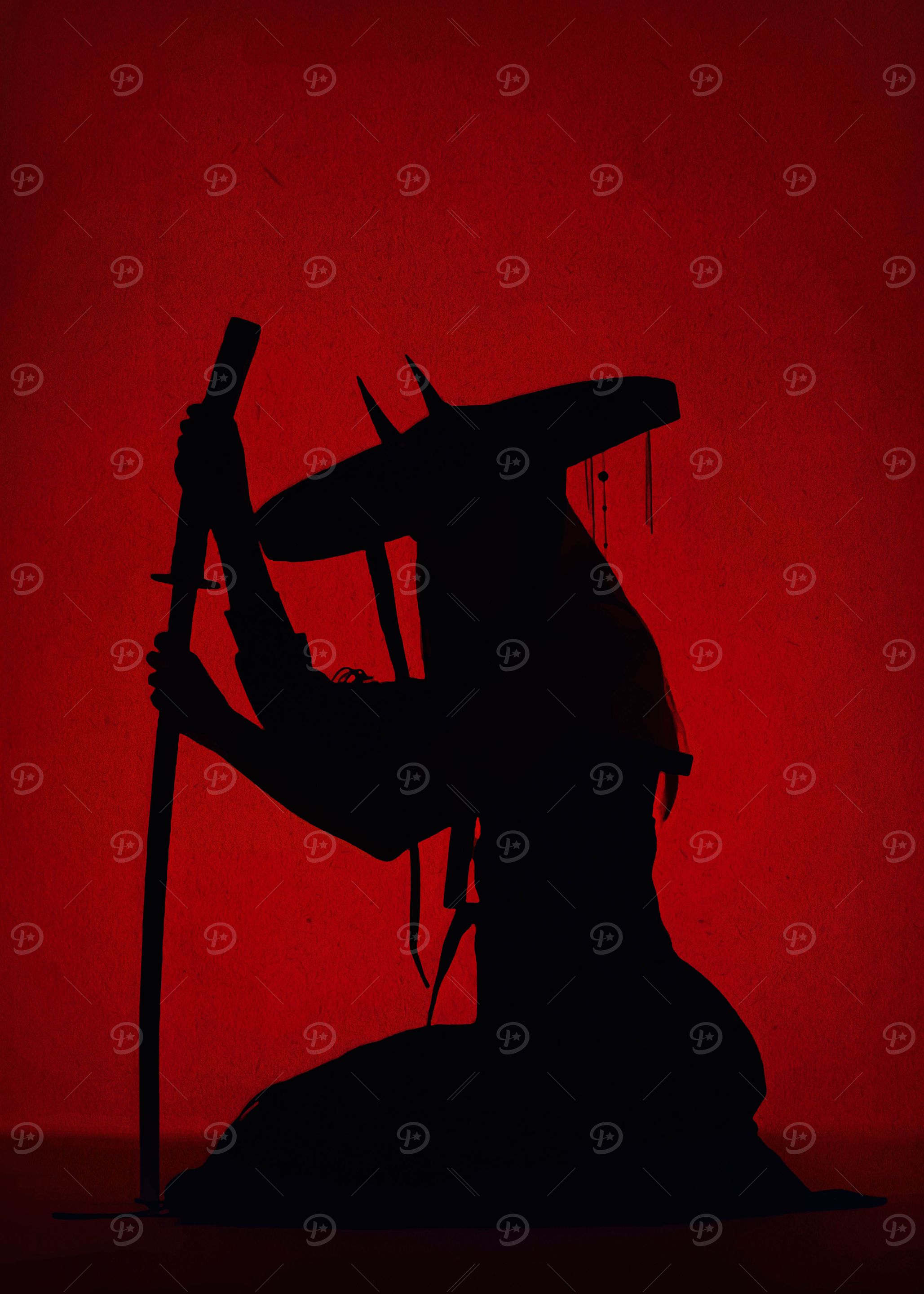 Silhouette of Samurai with Sword on Red