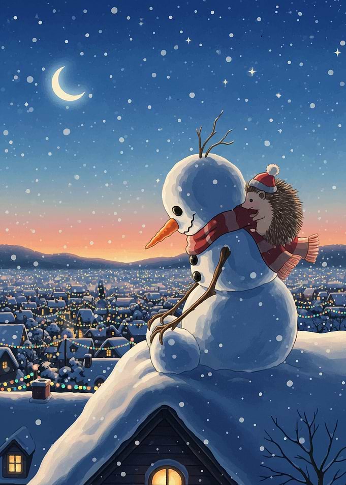 Snowman and Hedgehog Winter Scene