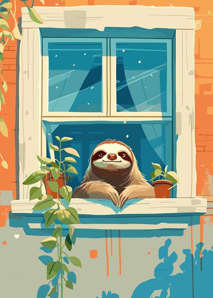 Sloth in Window with Plants