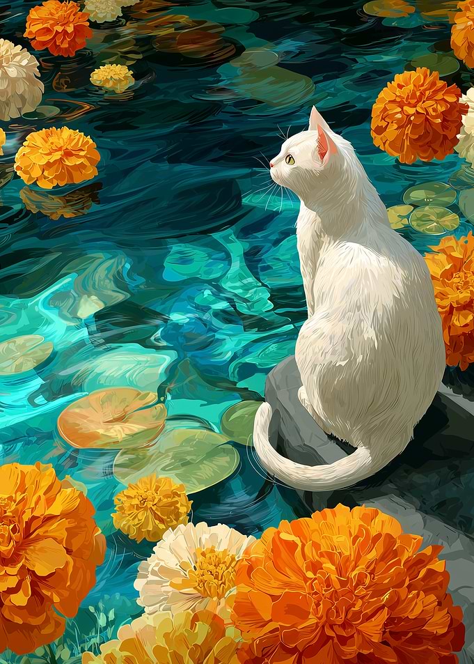 White Cat in Floral Pond