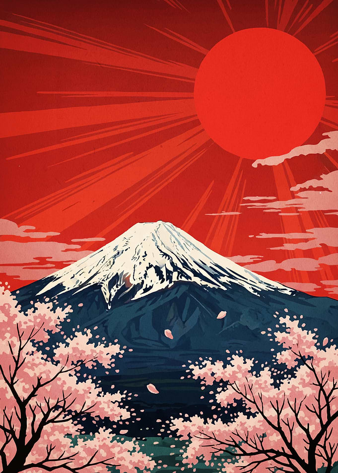 Mount Fuji Cherry Blossoms Red Sun