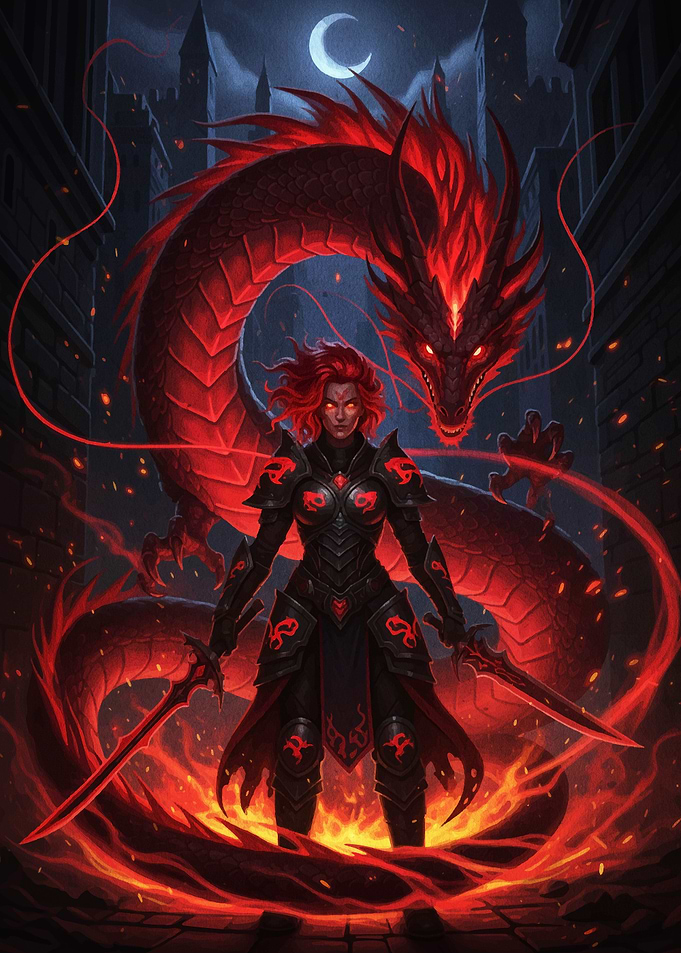 Warrior with Red Dragon in Cityscape