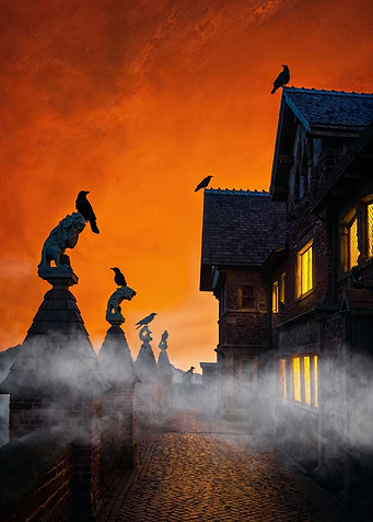 Eerie Ravens on a Foggy Street