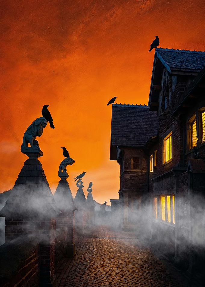 Eerie Ravens on a Foggy Street