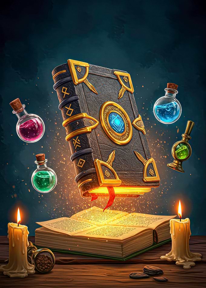Magic Book with Potions and Candles