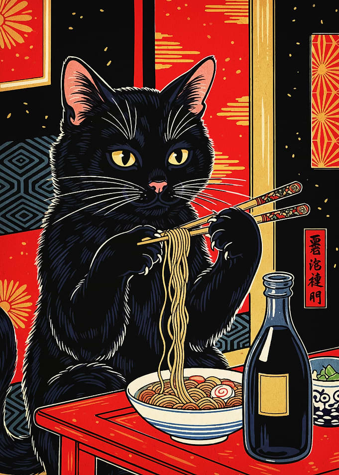 Black Cat Eating Ramen with Chopsticks