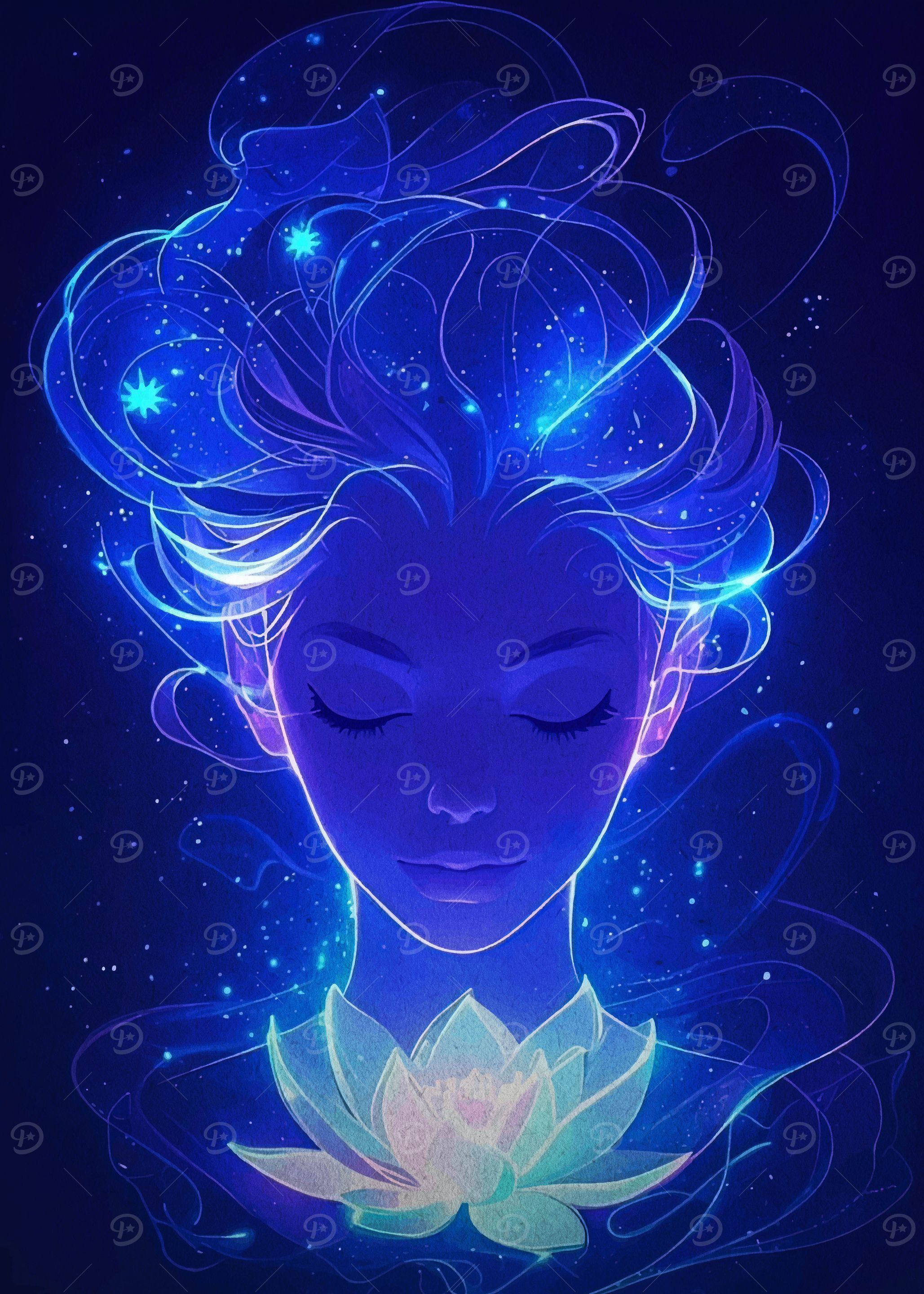 Blue Glowing Woman with Lotus Flower