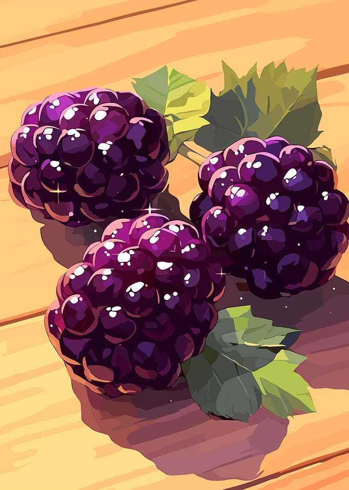 Three Blackberries on Wooden Surface