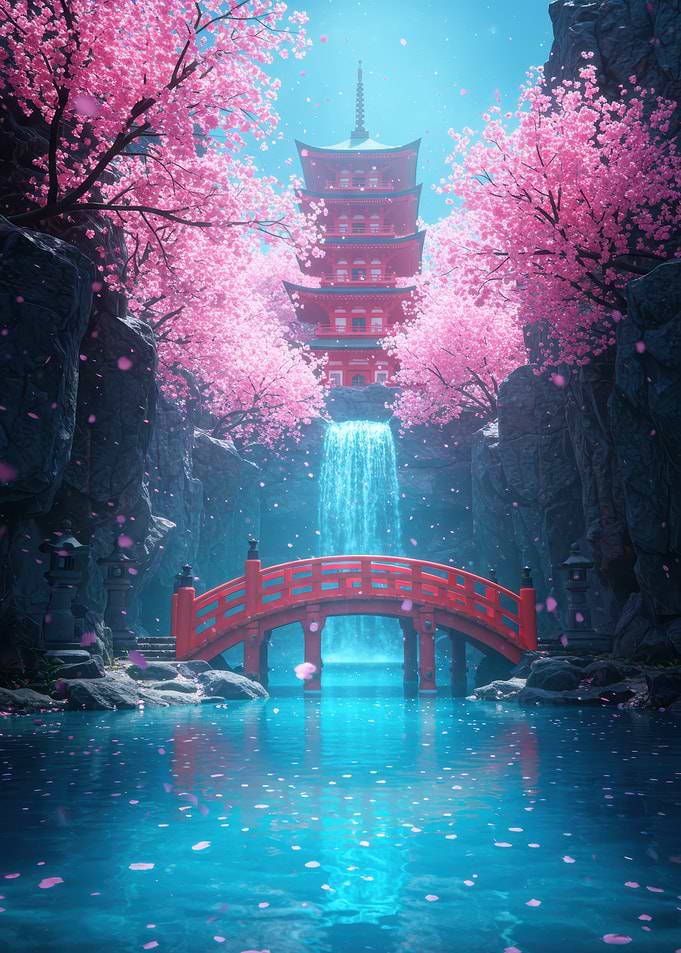 Japanese Pagoda with Cherry Blossoms