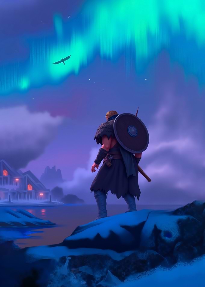 Viking Warrior Under Aurora Borealis