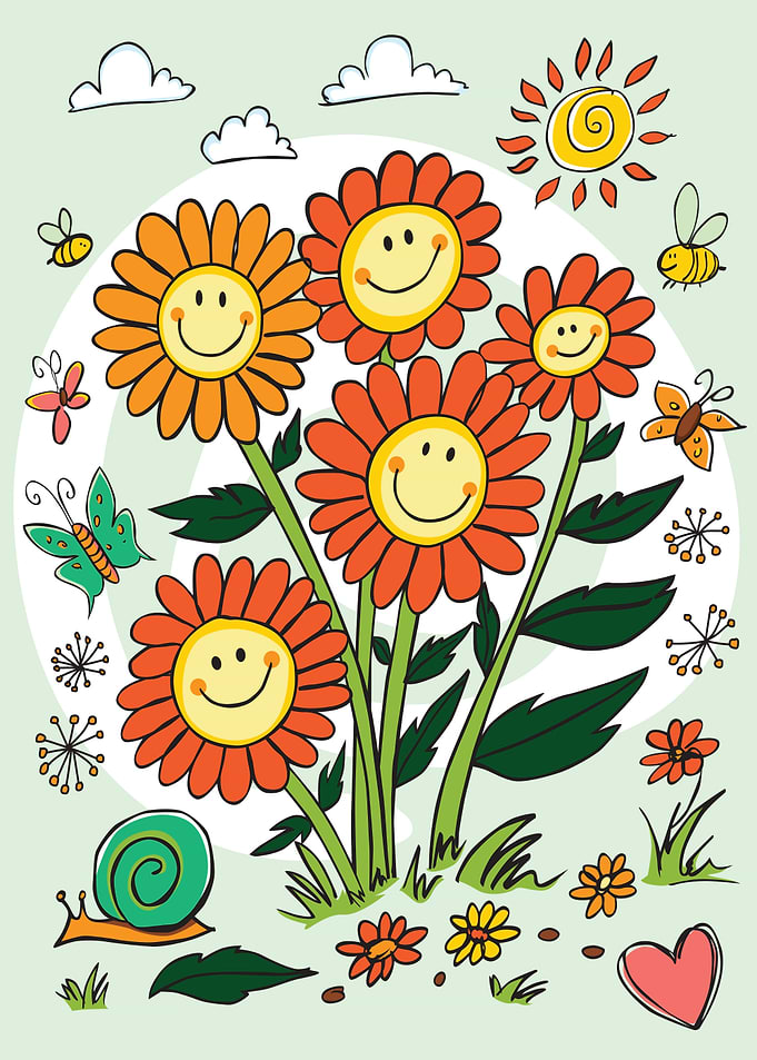 Cartoon Flowers with Smiling Faces