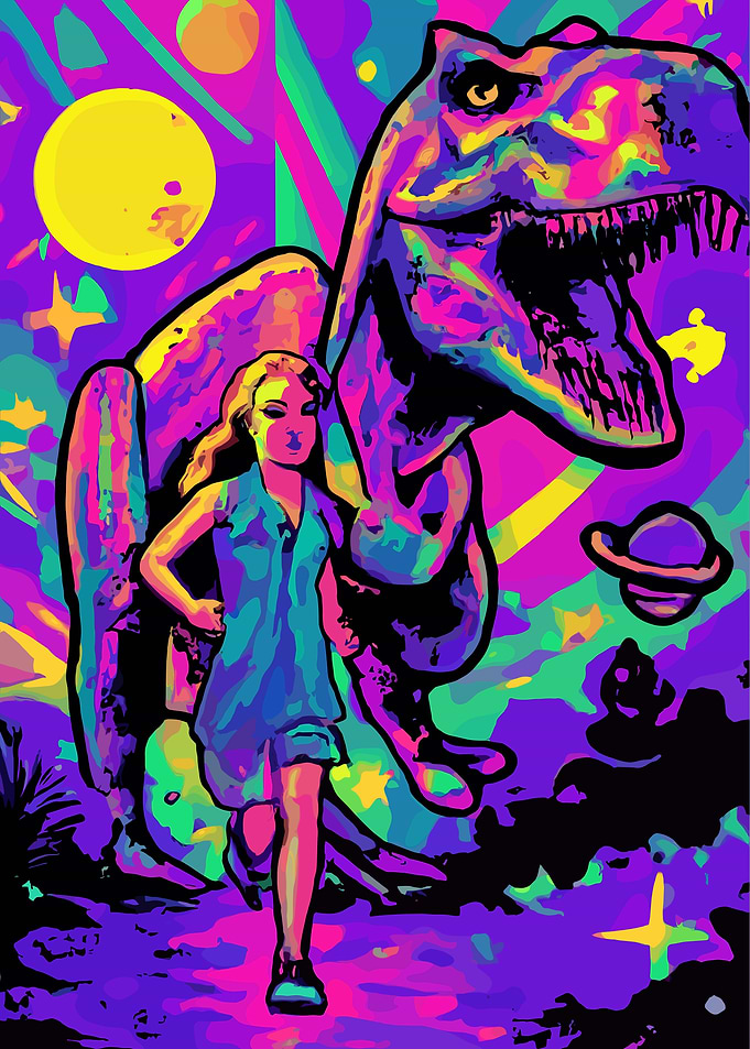 Girl Running from Dinosaur in Space