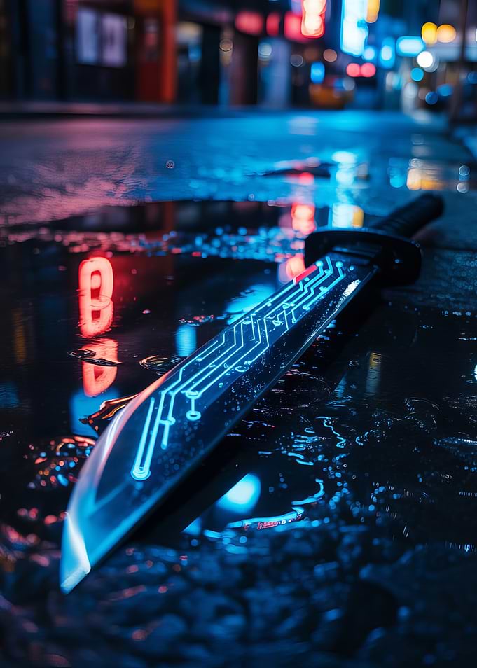 Cyberpunk Sword in Rainy Cityscape