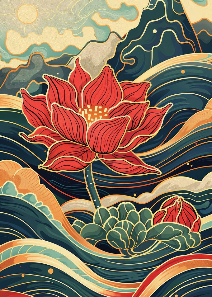Red Lotus Flower Japanese Art