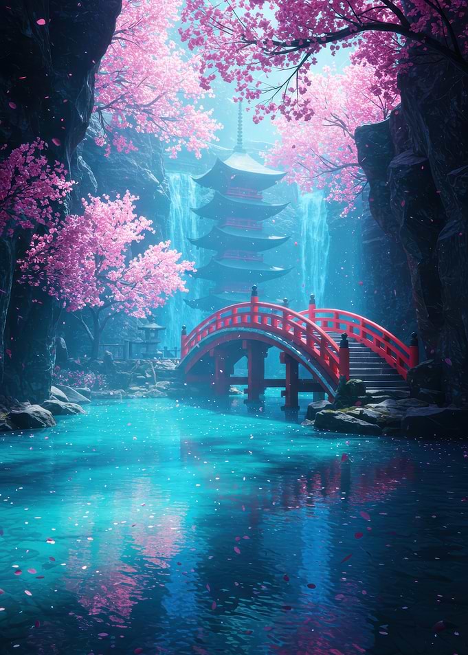 Japanese Pagoda with Cherry Blossoms