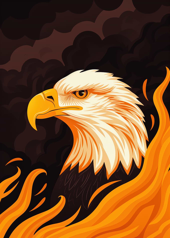 Fierce eagle vector portrait with fiery backdrop