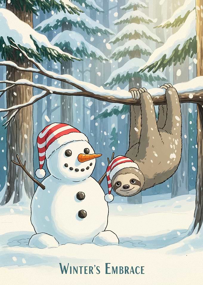 Winter Sloth and Snowman Illustration