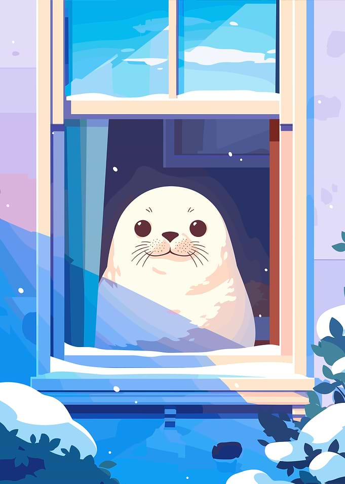 Cute Seal in Winter Window Scene