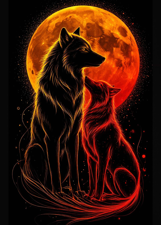 Wolves under a fiery moon