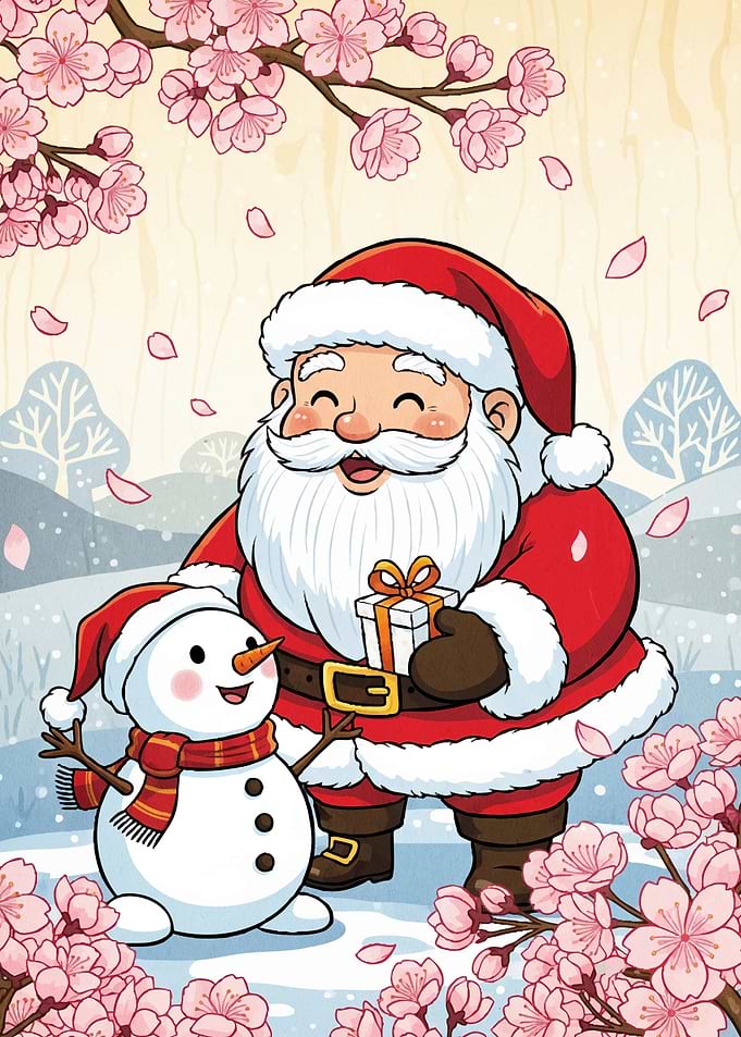 Santa Snowman Cherry Blossoms