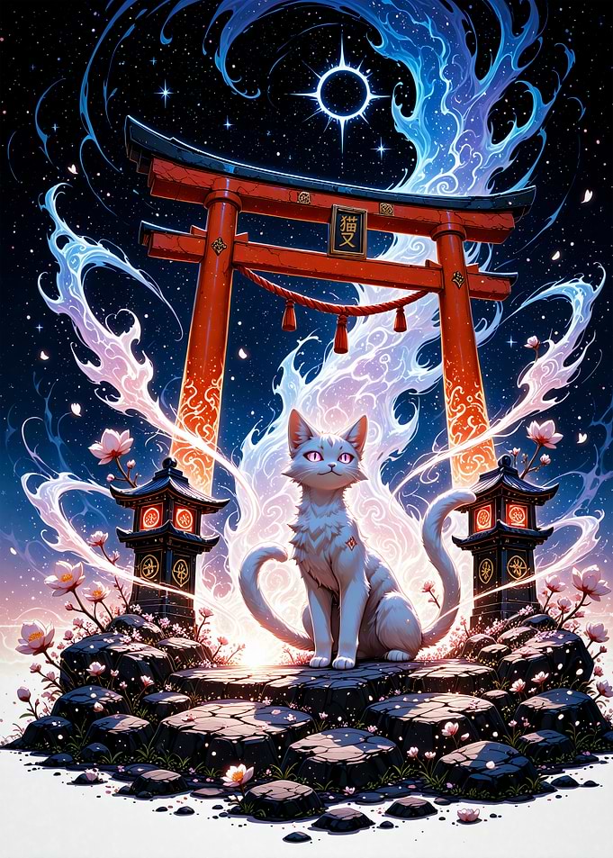 Nekomata Mystical Cat at Torii Gate Cherry Blossom Sakura Japan
