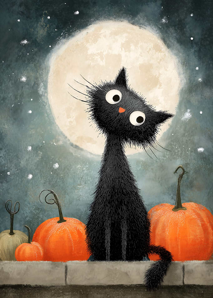 Black Cat and Pumpkins under Moonlight