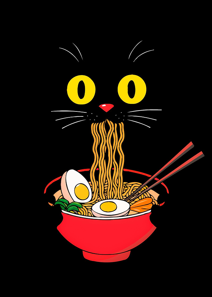 Black Cat Eating Ramen Illustration