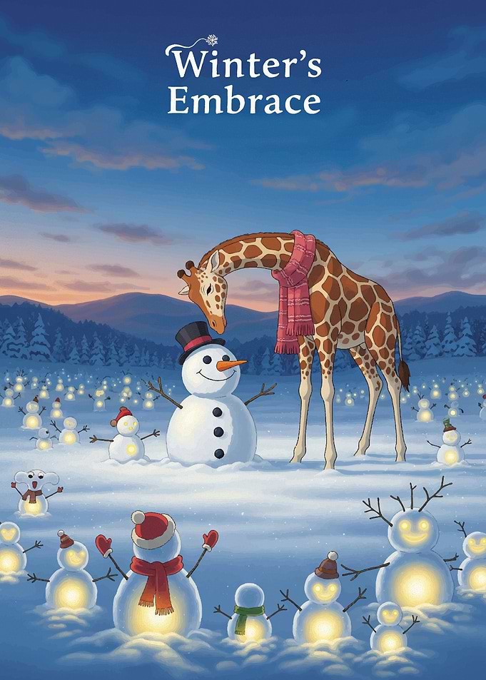 Winter's Embrace: Giraffe and Snowmen