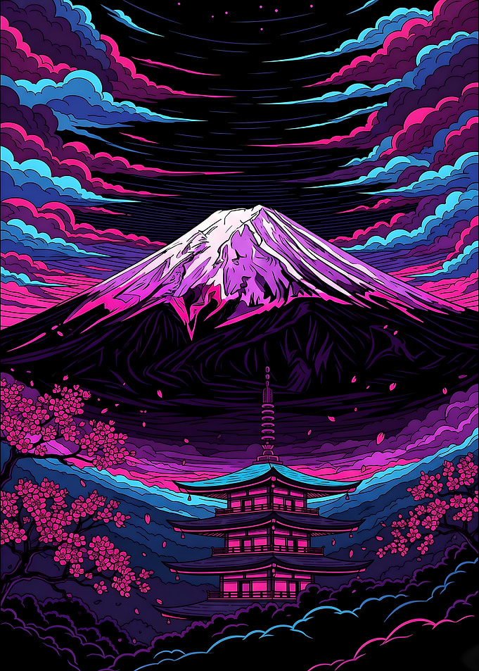 Japanese Aesthetics – Neon Mount Fuji and Pagoda