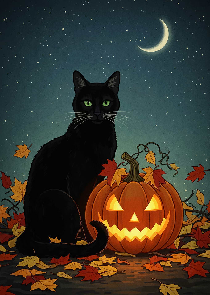 Cat and Jack-o'-Lantern