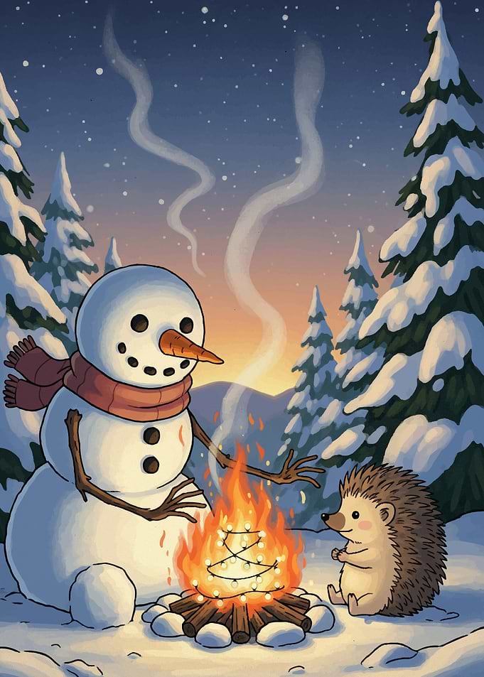 Snowman and Hedgehog by Campfire