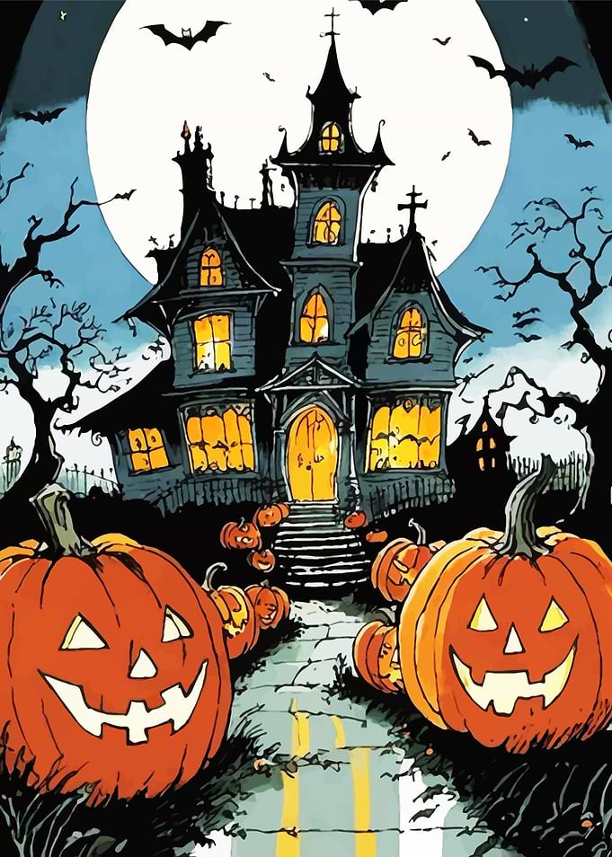 Spooky Halloween Haunted House with Pumpkins