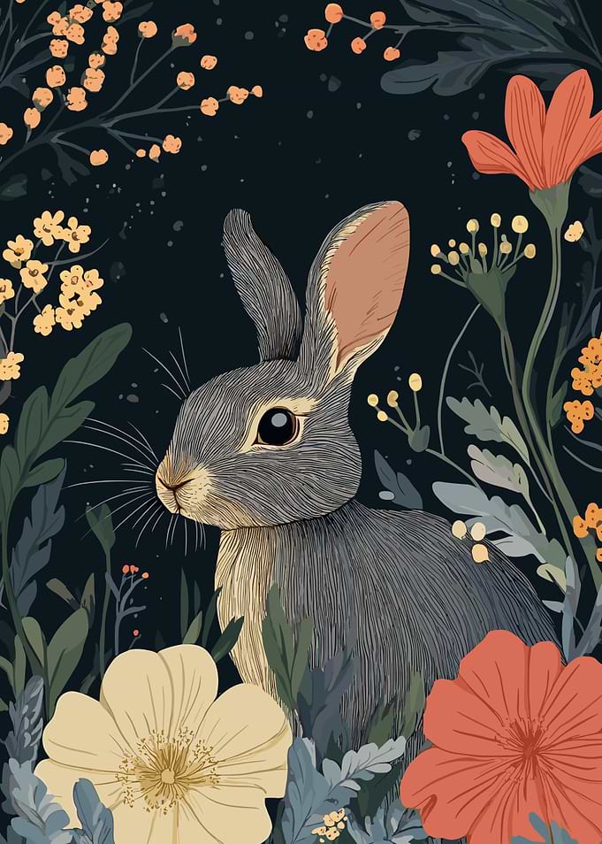 Rabbit in a Floral Garden