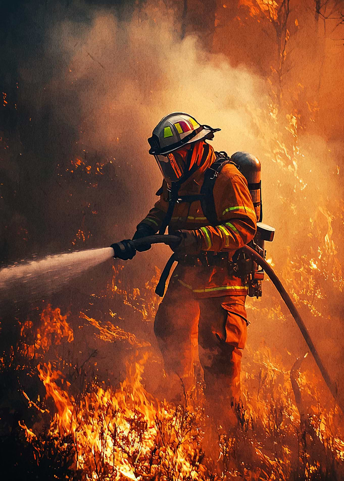 Firefighter flames water hose