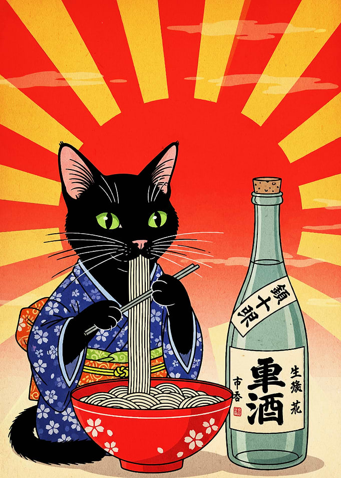 Cat in Kimono Eating Noodles Art