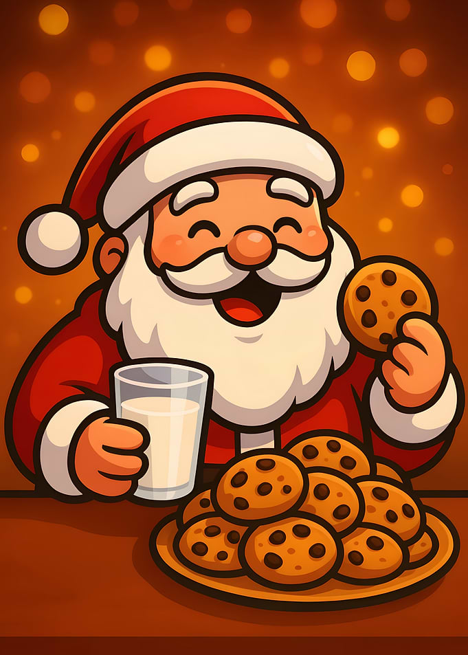 Cartoon Santa with Cookies and Milk