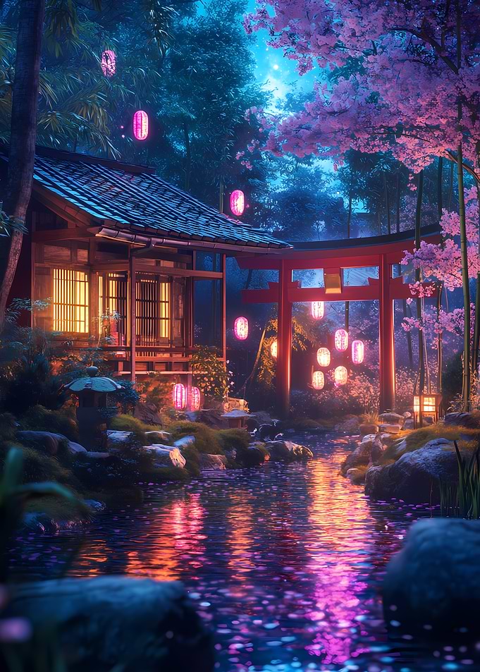 Japanese Garden at Night with Torii Gate