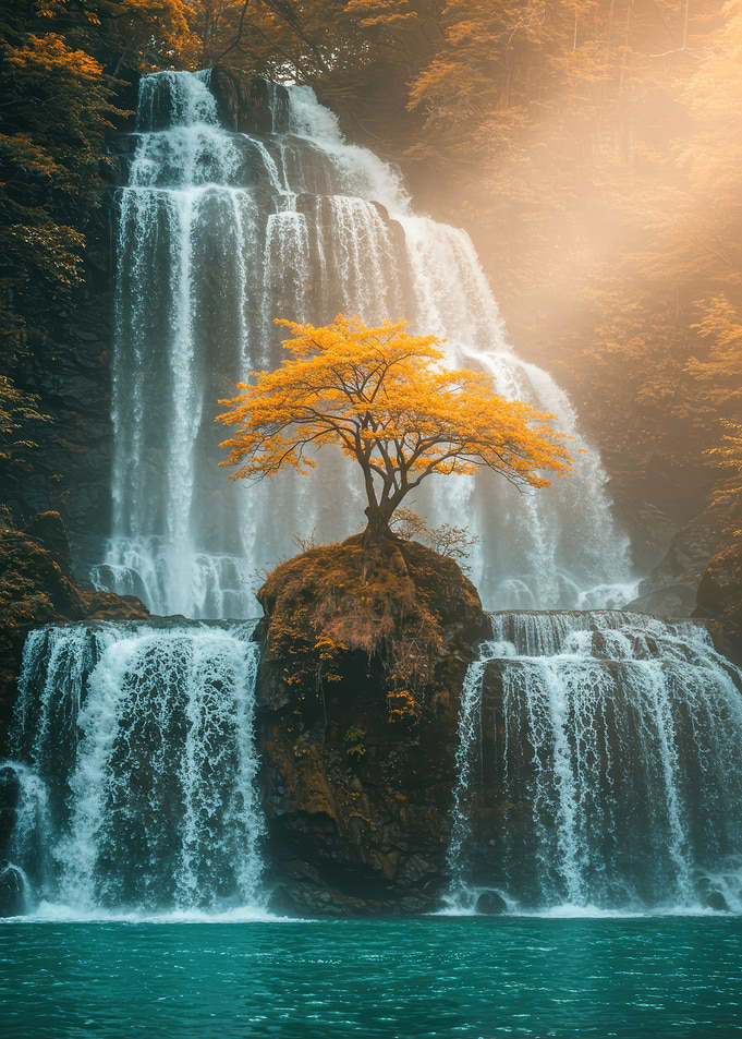 Waterfall with Golden Tree Landscape