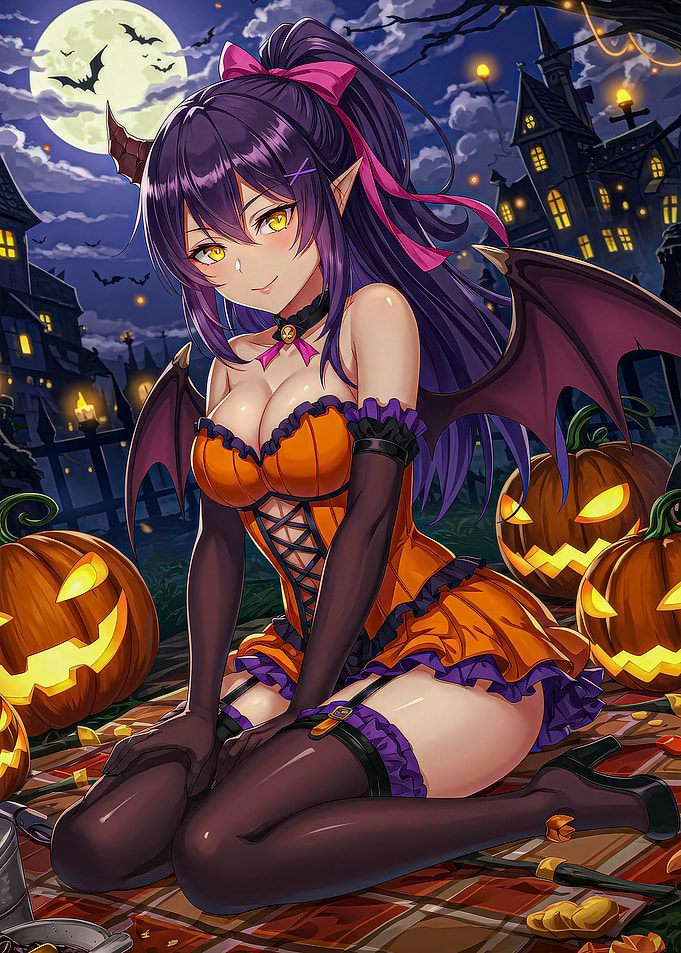 Halloween Anime Girl with Pumpkins