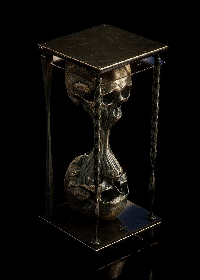Skull Hourglass Sculpture on Black Background