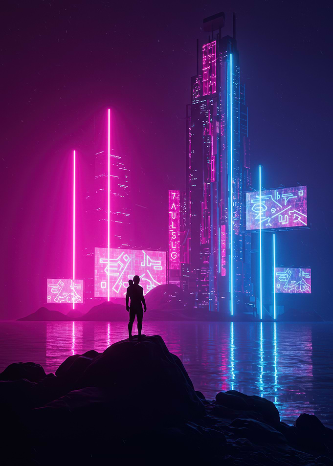 Cyberpunk Cityscape with Figure on Rocks