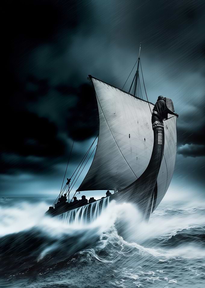 Viking ship sailing stormy seas